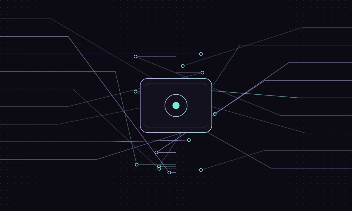 Lavender and teal circuit traces connect surrounding nodes to a luminous central node on a dark background